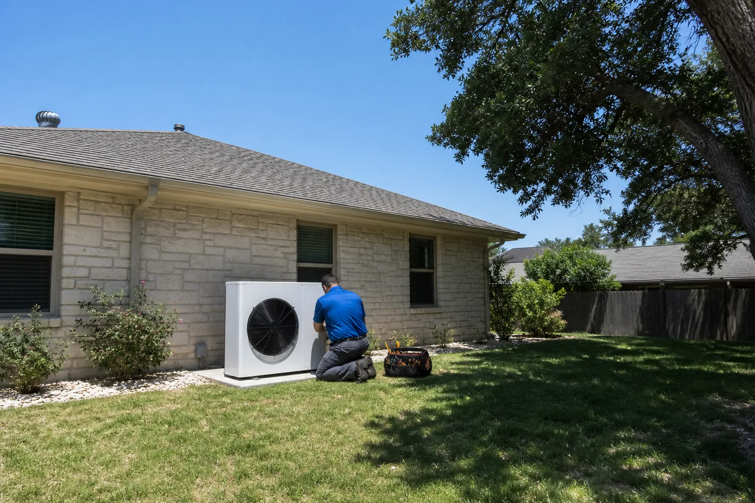 Technician servicing a new outdoor unit beside a limestone ranch house in Austin