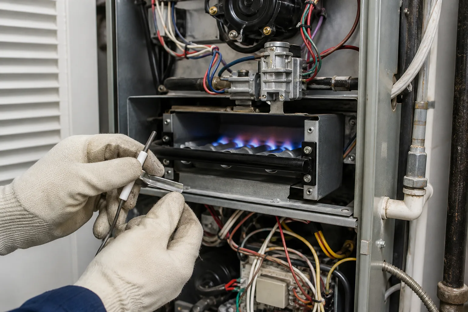 Technician servicing a gas furnace