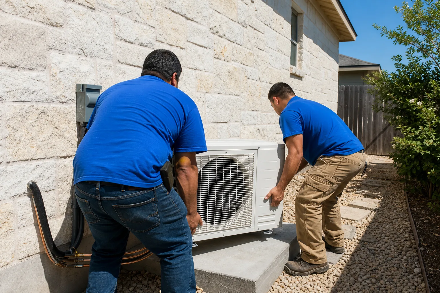 Installers setting a new outdoor unit beside an Austin home